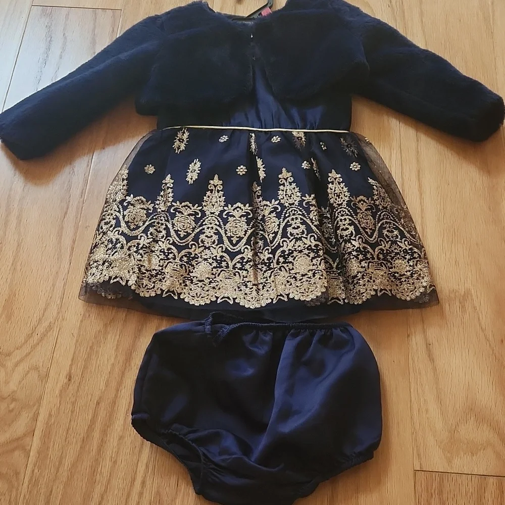 Rare Editions Navy and Gold Dress with Plush Shrug Diaper Cover Panty 24 Months